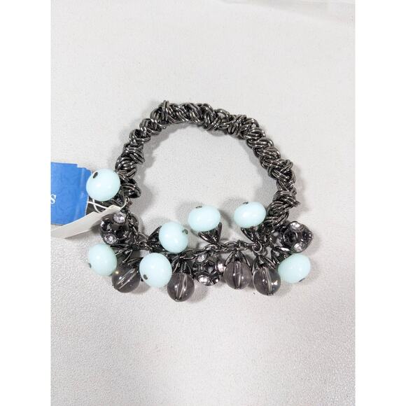 Simply Vera Wang Gray Metallic Crystal Ball Green Charm Stretch Chain Bracelet - Picture 2 of 9